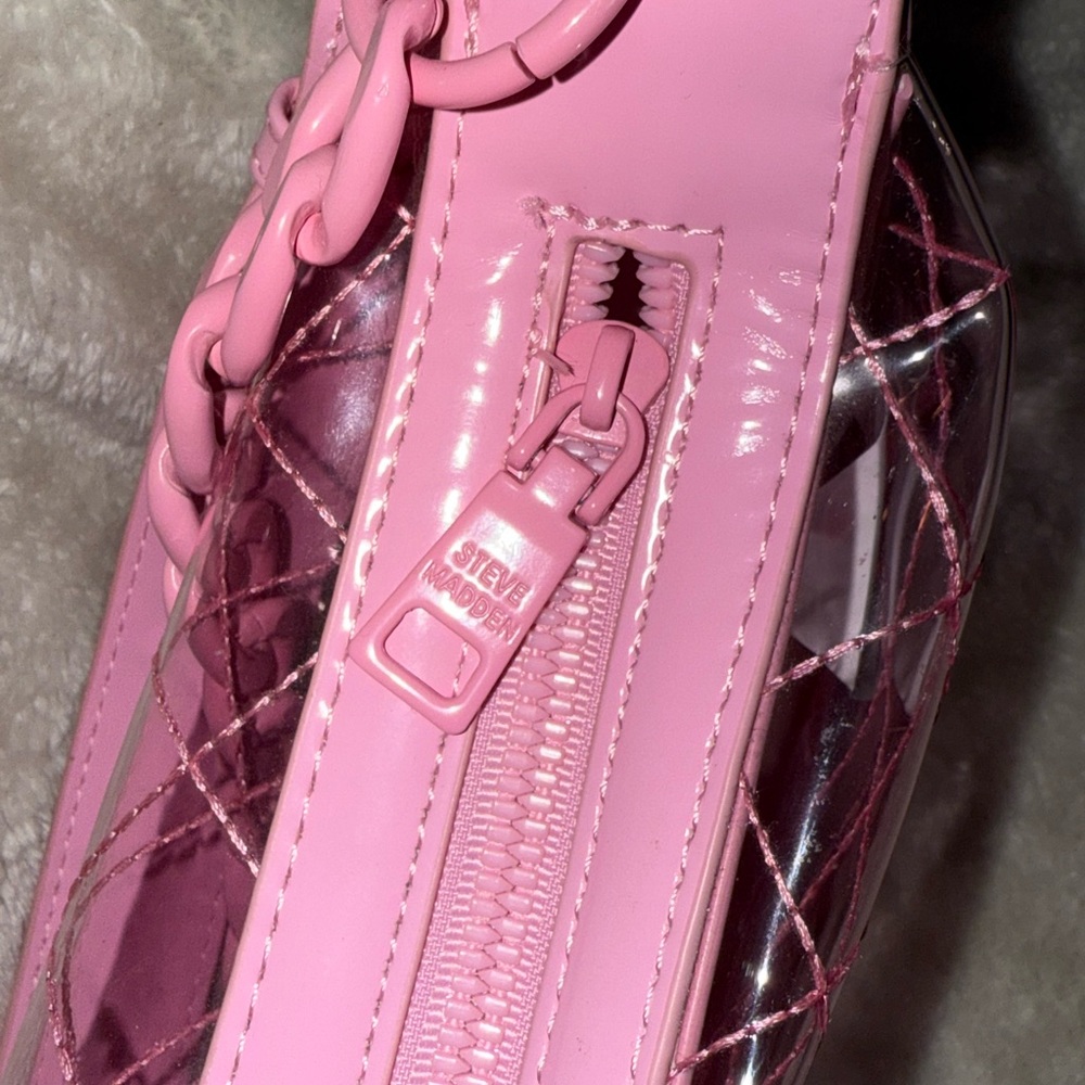 Steve Madden Clear Bubble Gum Pink Quilted Shoulder Crossbody Bag Matching Chain - Picture 14 of 16
